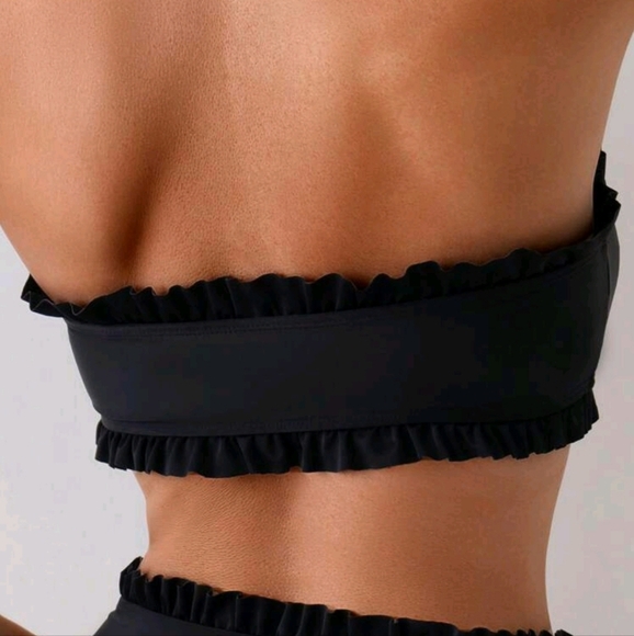 Women's Summer Beach Solid Color Ruffle Trim Bandeau Bikini Set With Front Knot - Picture 3 of 4